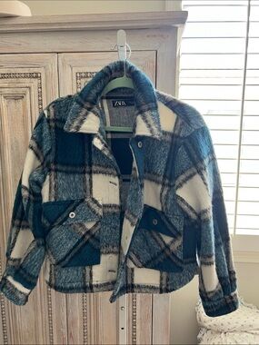 Zara Teal, White & Black Plaid Fuzzy Shacket